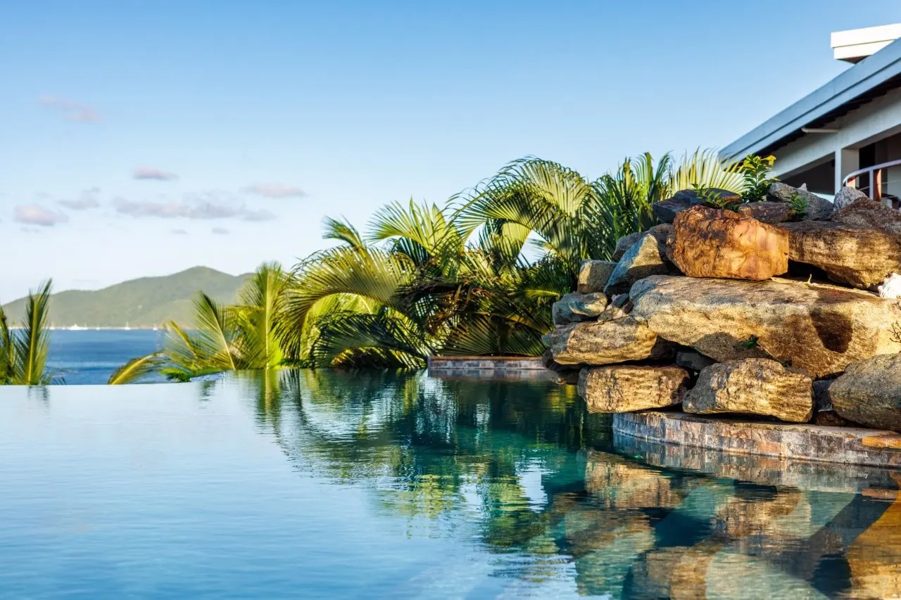 Natural-stone pool with fountain at Villa MyALL Tortola