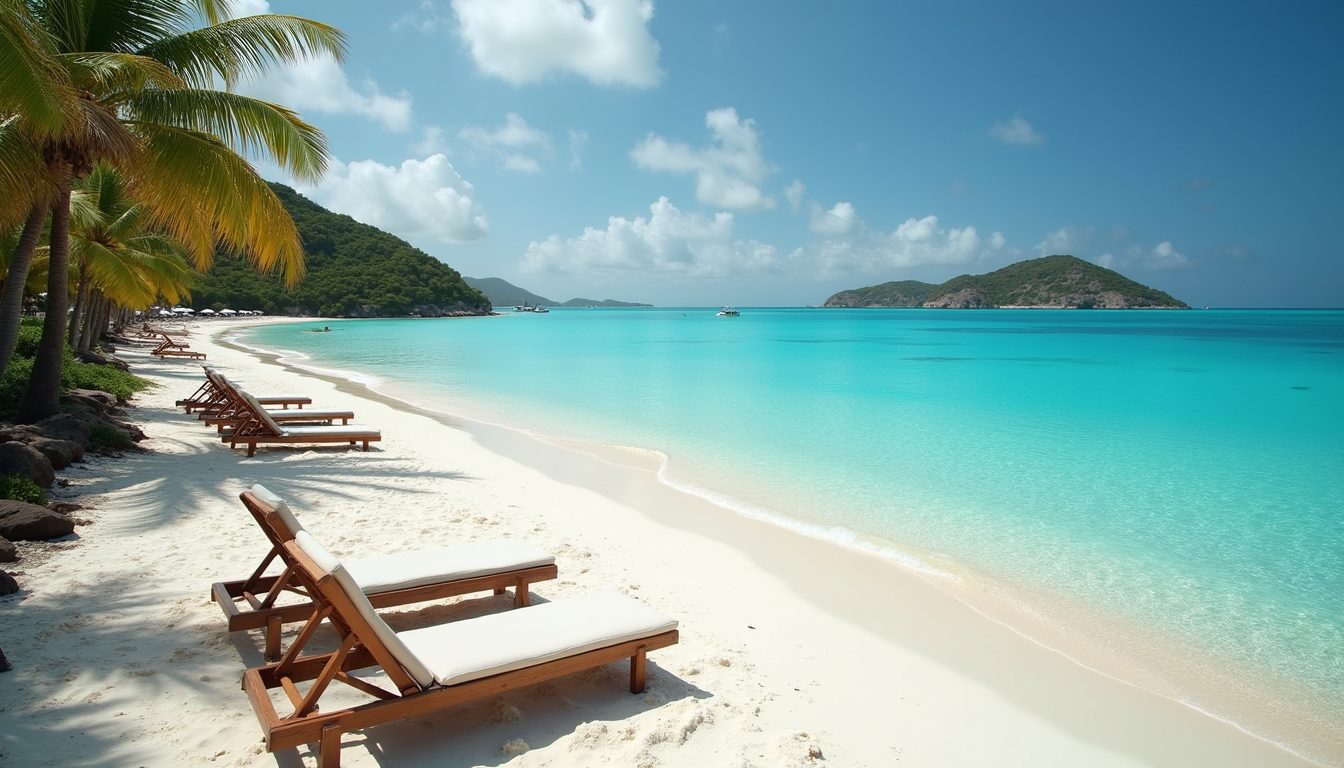 Smuggler's Cove Beach with lounge chairs and turquoise water